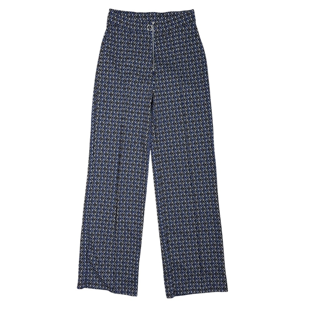 Zara Womens Pants Small Geometric 70s Retro Print High Waist Wide Leg Blue Brown - Picture 1 of 9